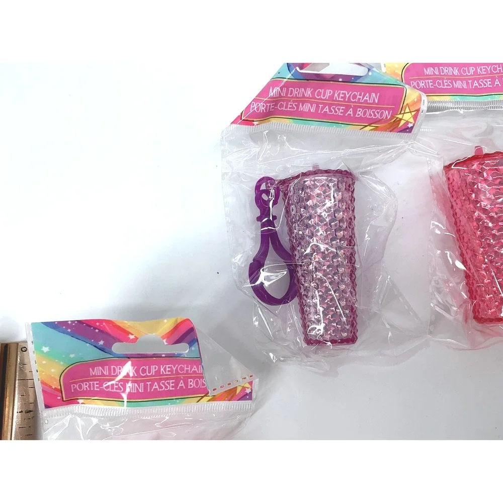4pc Mini Drink Cup Keychain Set Studded Tumbler Style Bag Charms Multi Color-NEW